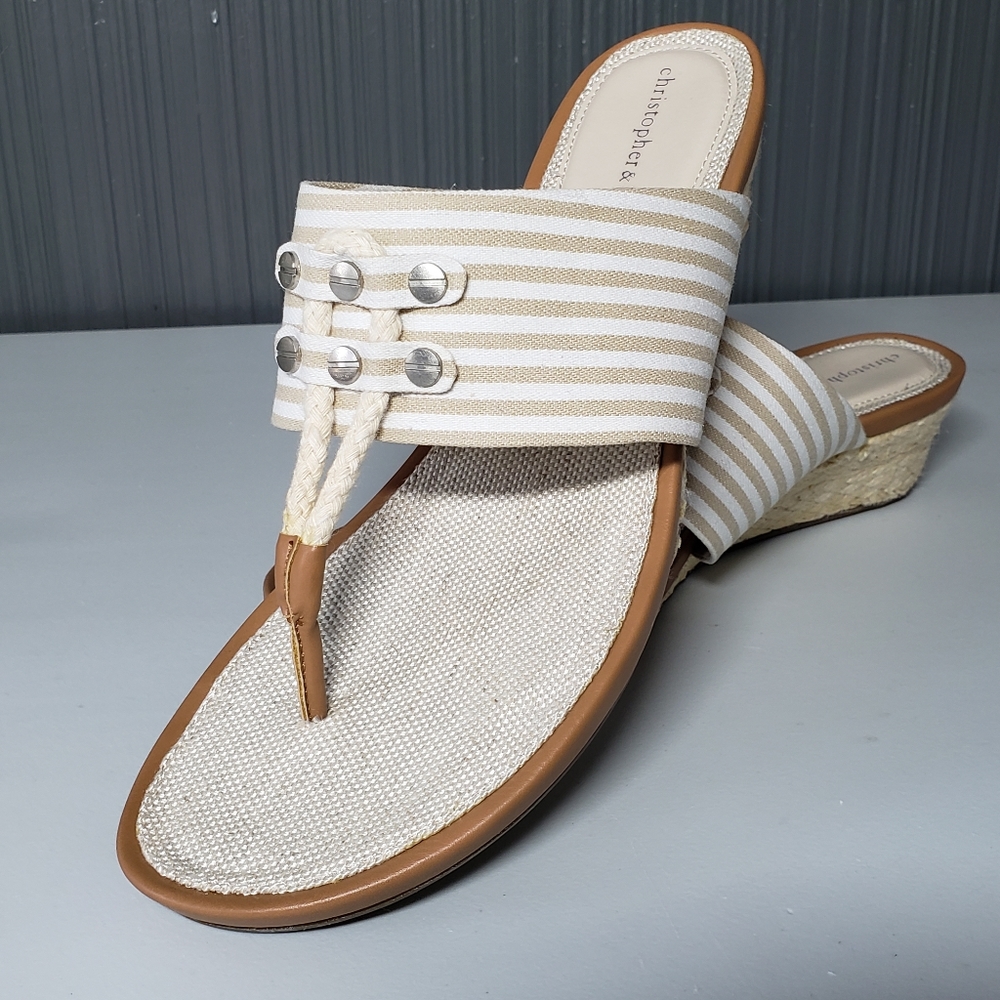 Christopher & Banks Dawn Tan/White Wedge Thong Sandal,  Sz 10M